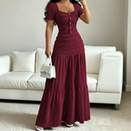 🌞 Élégance Sans Effort ! | 👗 Haut Flatteur à Col Carré + Jupe Longue Légère, 🍃 Respirant Toute la Journée, 👡 Parfait pour les Promenades et les Dîners d'Été, 💫 Style Féminin et Confort Absolu