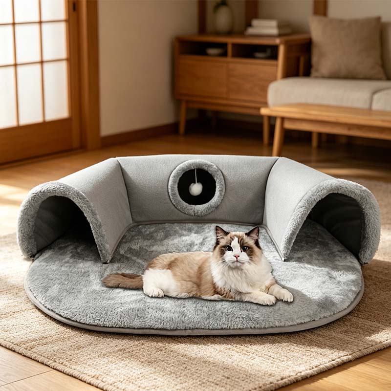 Niche tunnel 2 en 1 en peluche pour chats