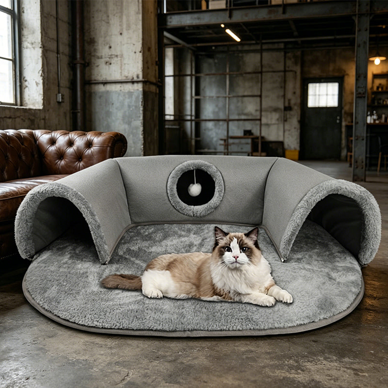 Niche tunnel 2 en 1 en peluche pour chats