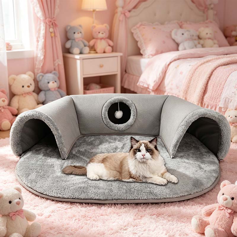 Niche tunnel 2 en 1 en peluche pour chats