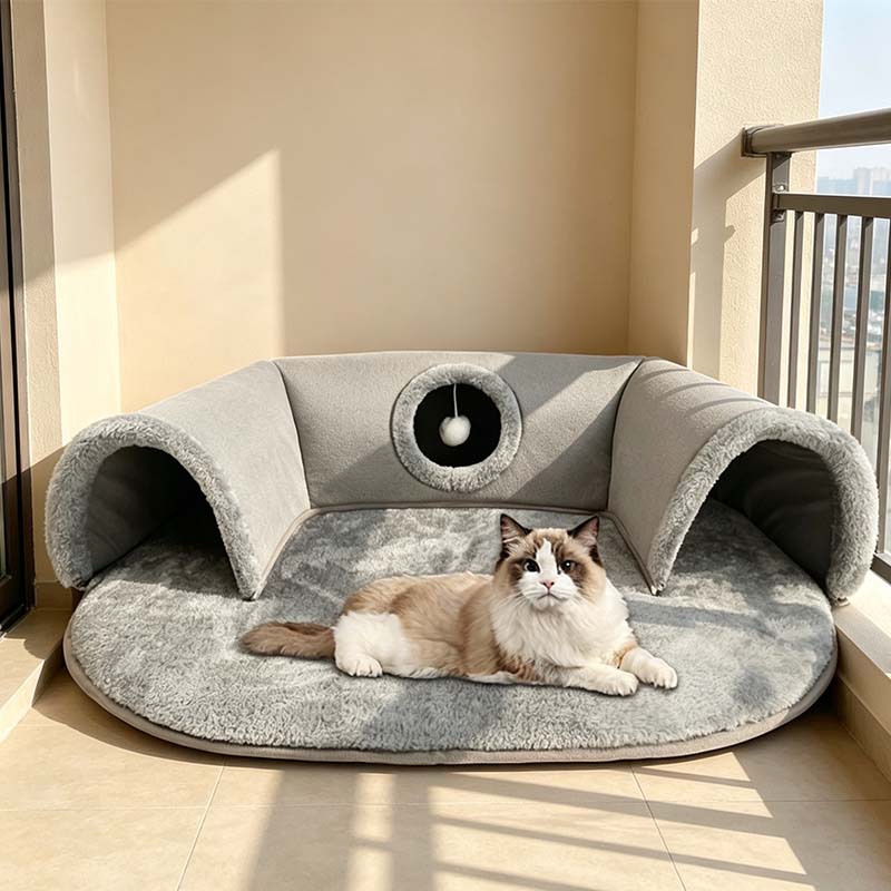 Niche tunnel 2 en 1 en peluche pour chats