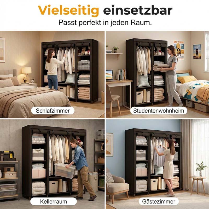 👗 Armoire Penderie Ouverte Portable – Structure en Acier | Tissu Respirant | Barre de Penderie + Étagères | 3 Tailles | Noir ou Gris | Montage Facile | Pour Chambre & Dressing 🏠✨
