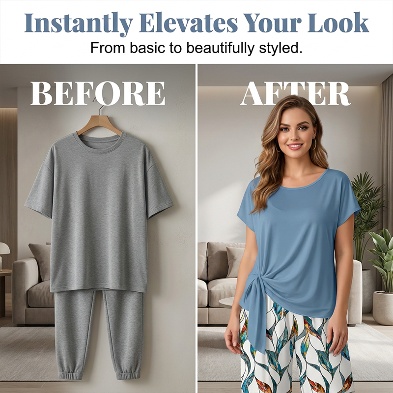 🌿✨ Ensemble Femme 2 Pièces – Top à Nœud Latéral & Pantalon à Imprimé Botanique 💐 – Tissu Premium Respirant, Taille Réglable, S–5XL (EU34-54) 🌸