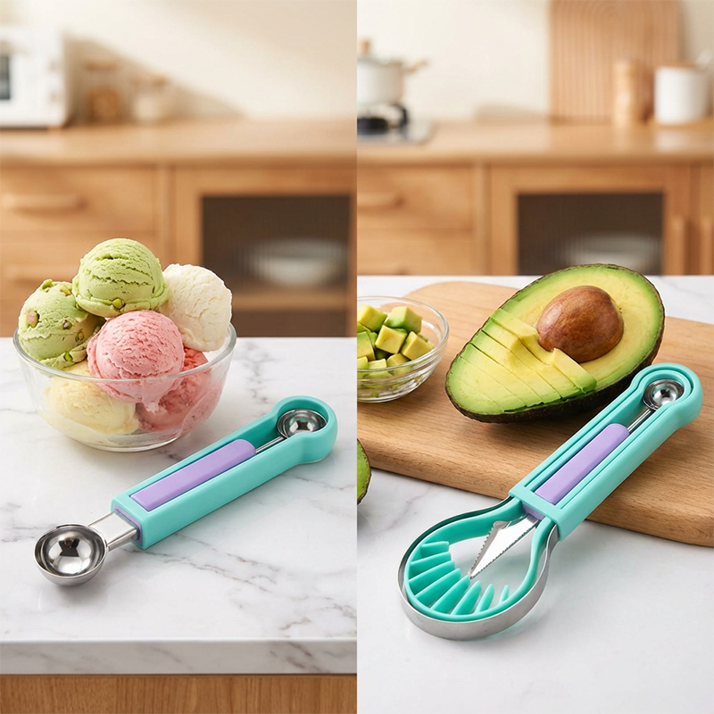🍉 Ensemble 3 en 1 : Cuillère à Melon, Couteau à Sculpter et Trancheuse – Acier Inoxydable, Poignée Antidérapante en PP, Empilable, 6 Couleurs – Pour Fruits, Desserts et Buffets 🍊🔪