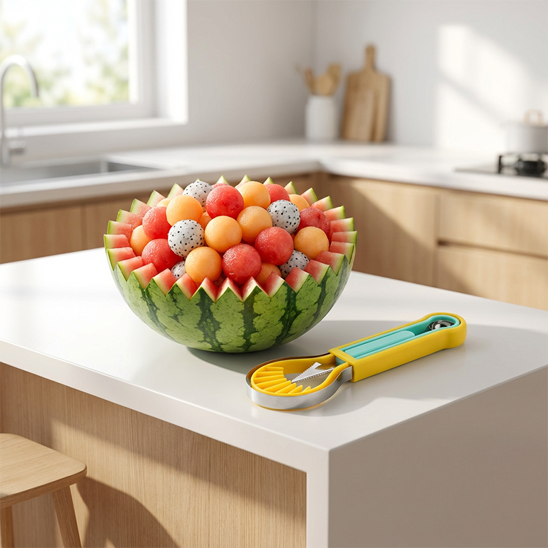 🍉 Ensemble 3 en 1 : Cuillère à Melon, Couteau à Sculpter et Trancheuse – Acier Inoxydable, Poignée Antidérapante en PP, Empilable, 6 Couleurs – Pour Fruits, Desserts et Buffets 🍊🔪