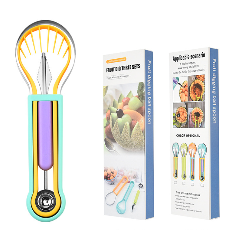 🍉 Ensemble 3 en 1 : Cuillère à Melon, Couteau à Sculpter et Trancheuse – Acier Inoxydable, Poignée Antidérapante en PP, Empilable, 6 Couleurs – Pour Fruits, Desserts et Buffets 🍊🔪