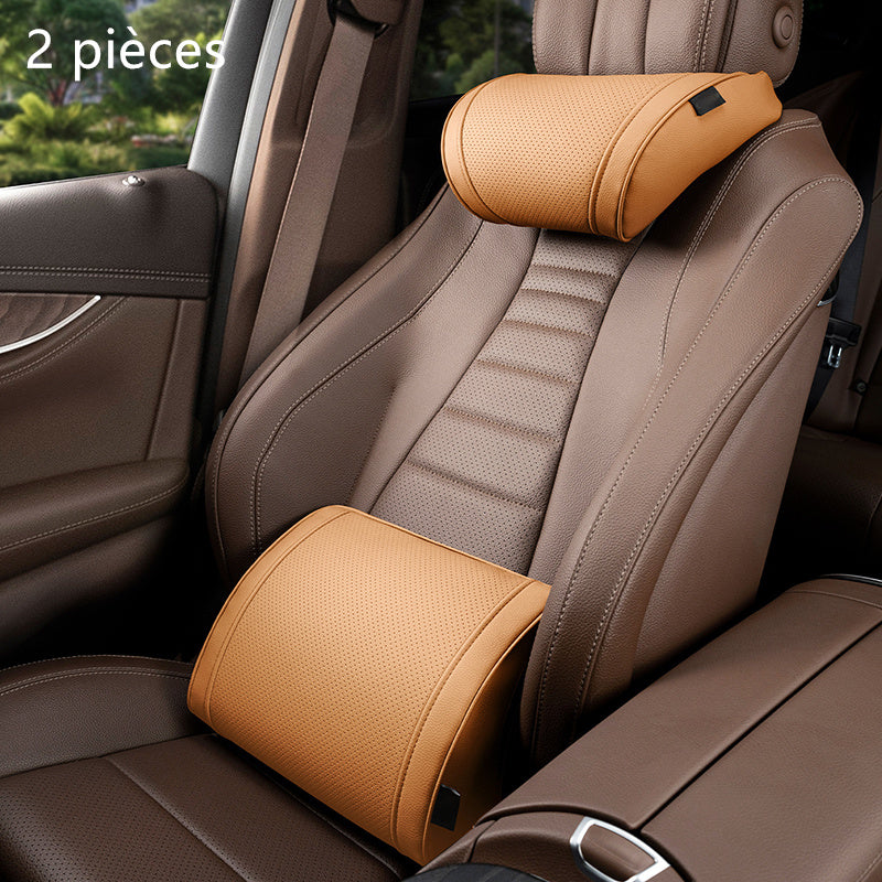 🚗 Set de Coussins Ergonomiques pour Voiture – Appui-tête + Support Lombaire en Mousse à Mémoire de Forme | Cuir PU Respirant | Confort & Posture Parfaite 💪✨