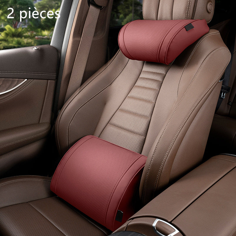 🚗 Set de Coussins Ergonomiques pour Voiture – Appui-tête + Support Lombaire en Mousse à Mémoire de Forme | Cuir PU Respirant | Confort & Posture Parfaite 💪✨