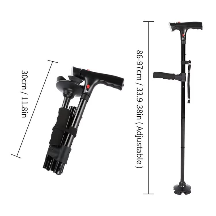 Canne Pliante Multifonctionnelle pour Personnes Âgées 💡🛡️ - Lumière LED | Bouton d'Alarme | 4 Points d'Appui | 5 Hauteurs | Aluminium Léger | 50% DE RÉDUCTION