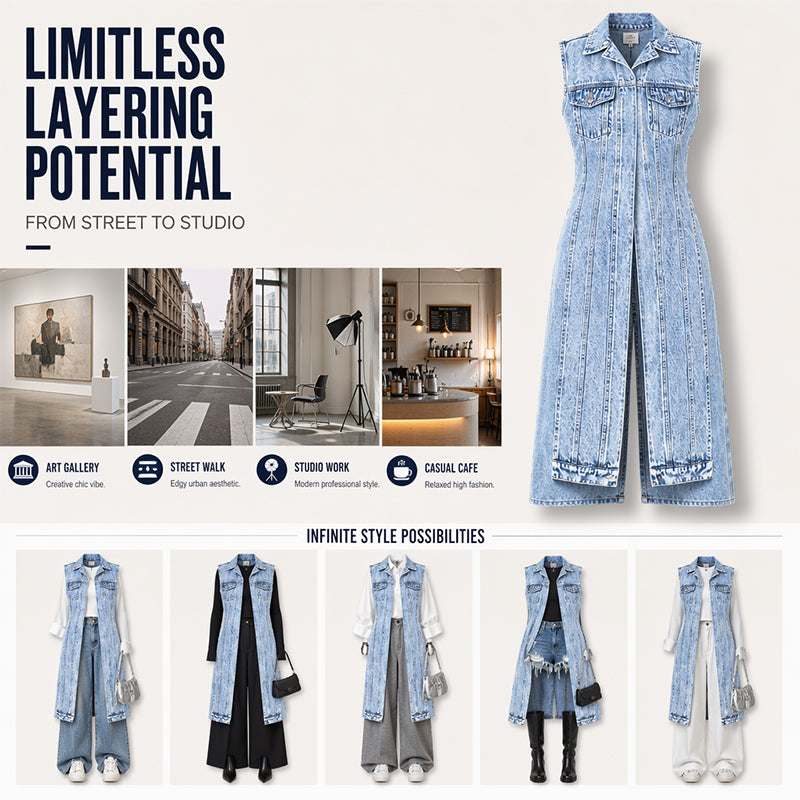 👖 Robe Gilet en Jean Sans Manches avec Fente Haute ✨💎 - Patchwork Avant-Garde | Coton Premium | Ourlet Irrégulier | 2 Couleurs | Tailles S-2XL | 50% DE RÉDUCTION