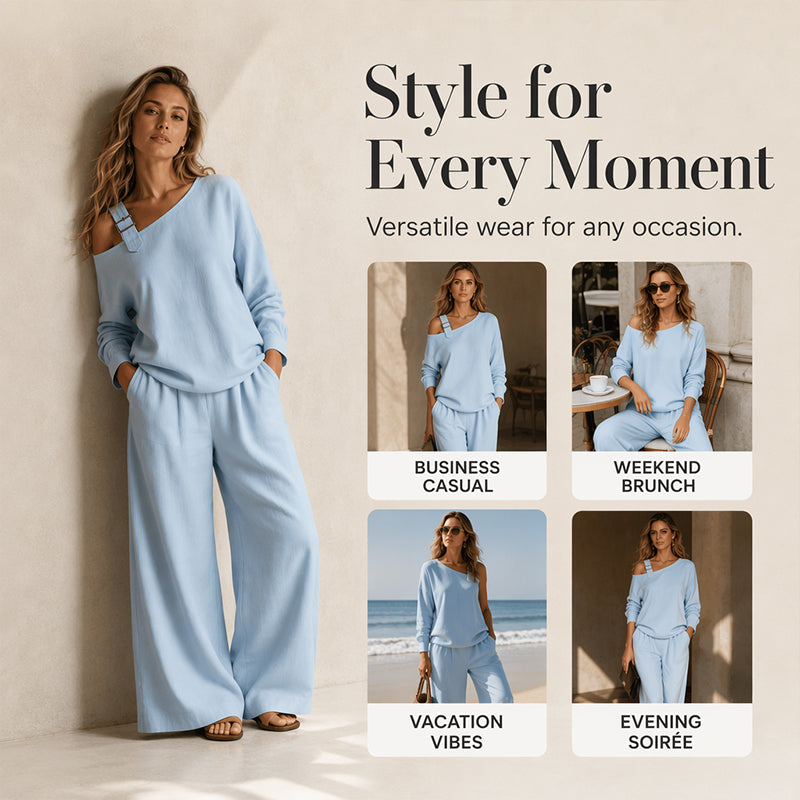 👗 Ensemble Femme Épaules Dénudées en Lin Mélangé ✨🌿 - Design Asymétrique | Pantalon Fluide | 4 Couleurs | Tailles XS-4XL | Élégant & Confortable | 50% DE RÉDUCTION
