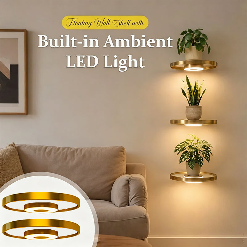 Wall-mounted floating shelf with integrated LED mood lighting