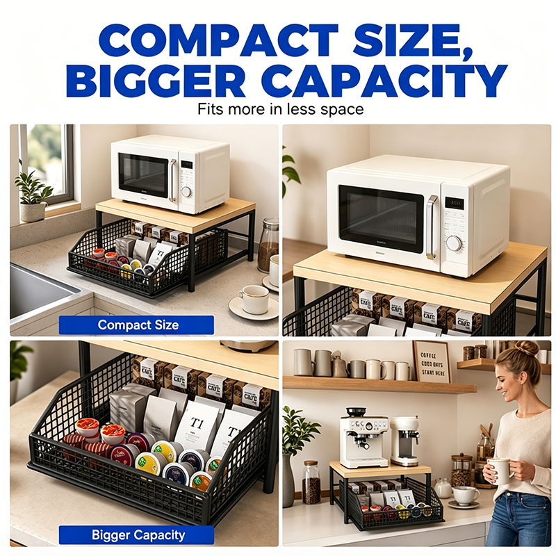 ✨ Support de Rangement à 2 Niveaux pour Micro-ondes et Électroménager 🍵📦 - Tiroir Coulissant | Structure en Fer et Bois | Gain de Place | 3 Couleurs | 50% DE RÉDUCTION