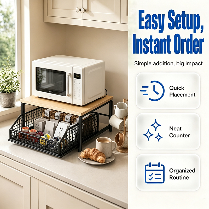 ✨ Support de Rangement à 2 Niveaux pour Micro-ondes et Électroménager 🍵📦 - Tiroir Coulissant | Structure en Fer et Bois | Gain de Place | 3 Couleurs | 50% DE RÉDUCTION