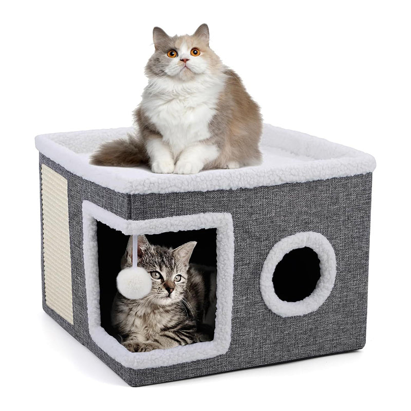 🏠🐾 Niche Pliable 2 en 1 pour Chat – Double Niveau, Griffoir en Sisal Intégré, Tissu Respirant, Base Antidérapante, 42x42x35cm – 4 Couleurs ✨🐈