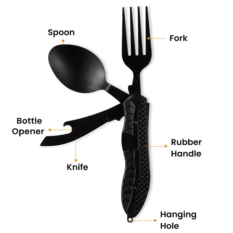🏕️ Couverts Pliants Multifonctions 4 en 1 pour l'Extérieur 🍴✨ - Acier Inoxydable | Couteau+Fourchette+Cuillère+Ouvre-boîte | 2 Couleurs | Camping & Pique-nique | Cadeau Parfait | 50% DE RÉDUCTION