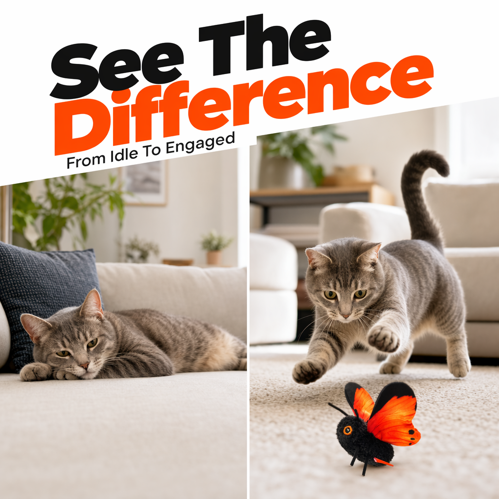 Jouet interactif papillon pour chats 🦋 | Ailes battantes réalistes 🍃 | Stimule l'instinct de chasse 🐾 | Divertissement autonome et sûr 🐱