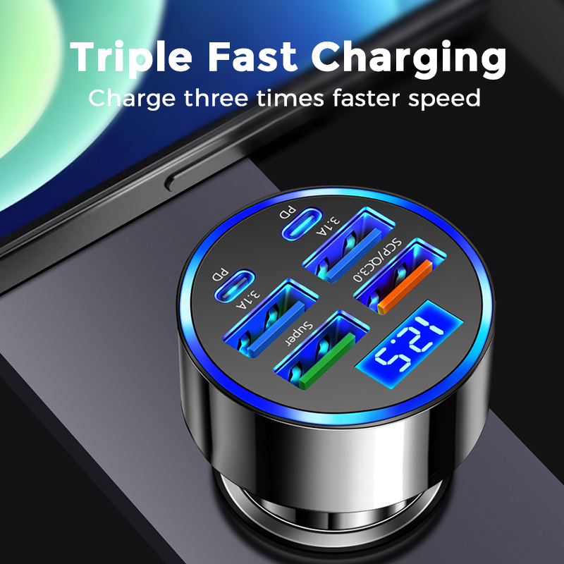 🚗 Chargeur de Voiture Rapide 6-en-1 avec Affichage de la Tension 100W ✨⚡ - Charge 3x Plus Rapide | Puce Anti-Surtension | ABS | Universel | Moniteur Batterie | 50% DE RÉDUCTION