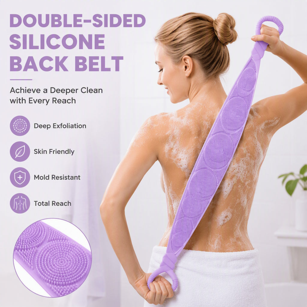 🛁 Ceinture exfoliante double face en silicone pour le dos 🧖‍♀️ – Élimine les cellules mortes ✨, massage relaxant 💪, atteint tout le dos 🔙 – Douce, lavable et disponible en 7 couleurs 🌈