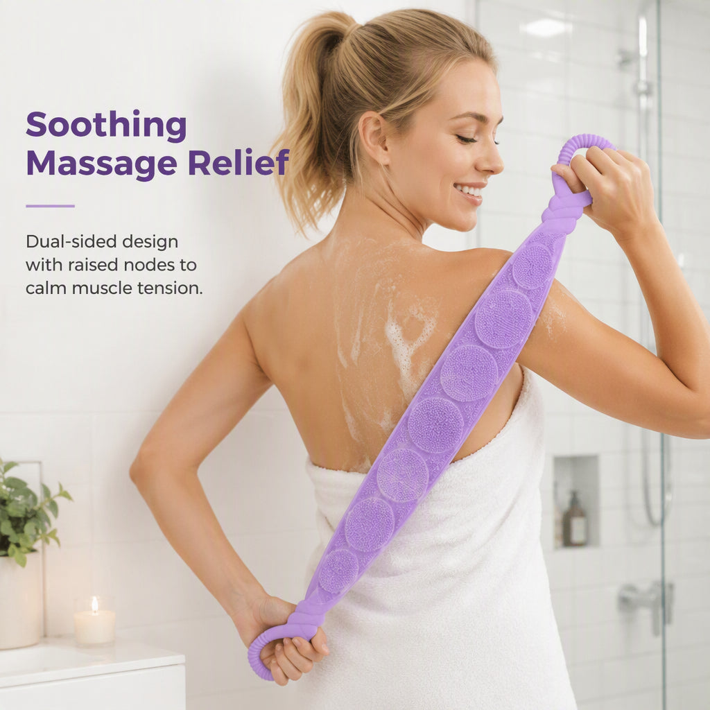 🛁 Ceinture exfoliante double face en silicone pour le dos 🧖‍♀️ – Élimine les cellules mortes ✨, massage relaxant 💪, atteint tout le dos 🔙 – Douce, lavable et disponible en 7 couleurs 🌈