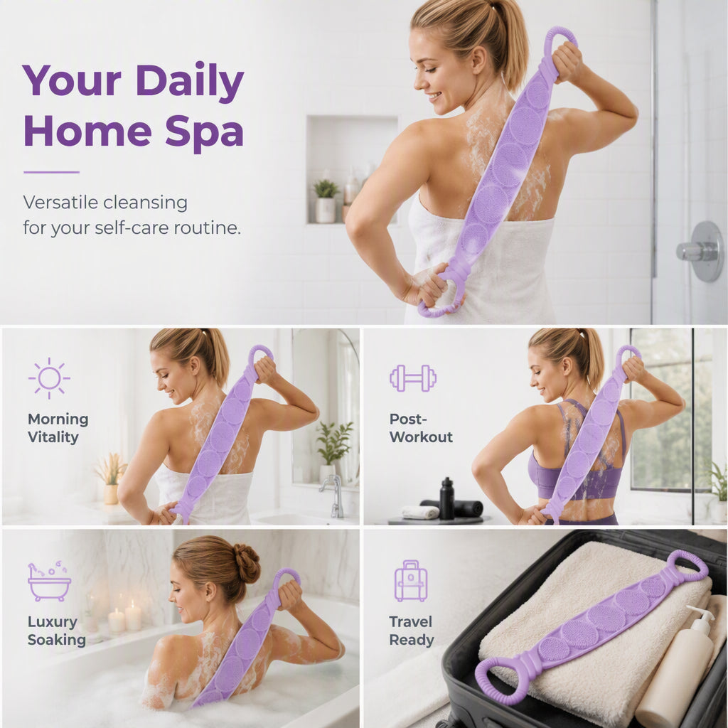 🛁 Ceinture exfoliante double face en silicone pour le dos 🧖‍♀️ – Élimine les cellules mortes ✨, massage relaxant 💪, atteint tout le dos 🔙 – Douce, lavable et disponible en 7 couleurs 🌈