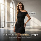 👗✨ Mini-robe asymétrique froncée sur le côté 🔥 – Tissu stretch doux, silhouette flatteuse, parfaite pour les cocktails et les soirées élégantes 🌟