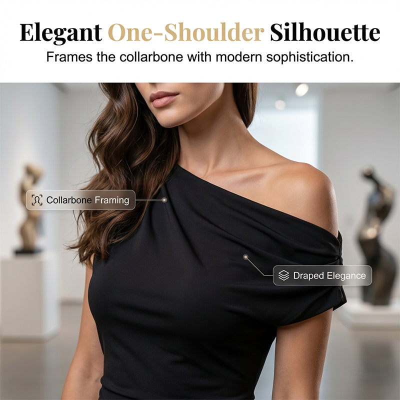👗✨ Mini-robe asymétrique froncée sur le côté 🔥 – Tissu stretch doux, silhouette flatteuse, parfaite pour les cocktails et les soirées élégantes 🌟