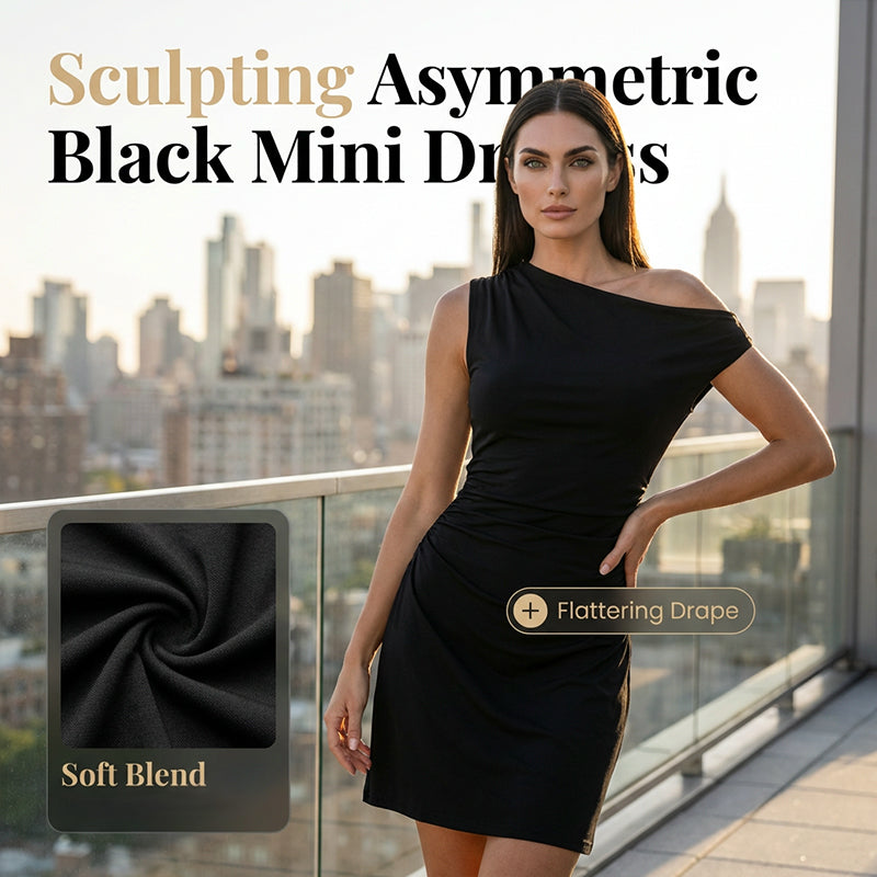 👗✨ Mini-robe asymétrique froncée sur le côté 🔥 – Tissu stretch doux, silhouette flatteuse, parfaite pour les cocktails et les soirées élégantes 🌟