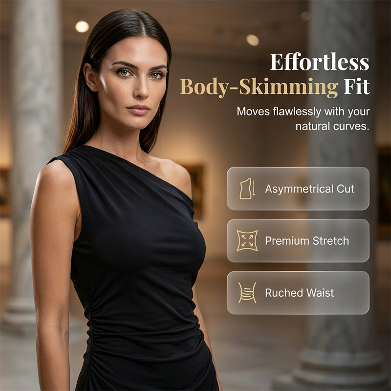 👗✨ Mini-robe asymétrique froncée sur le côté 🔥 – Tissu stretch doux, silhouette flatteuse, parfaite pour les cocktails et les soirées élégantes 🌟