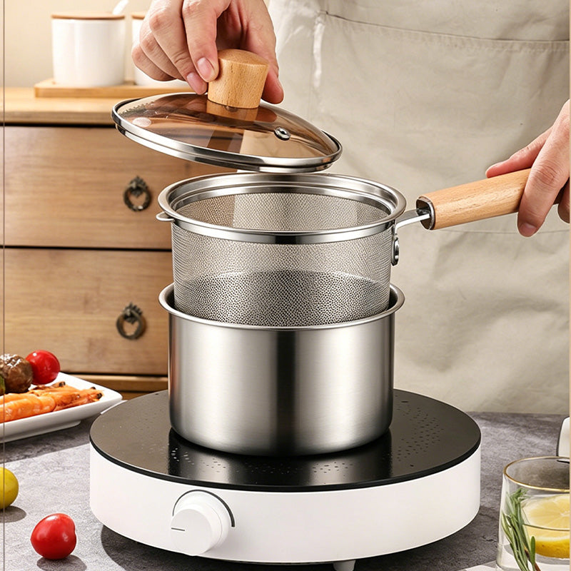 🍳✨ Poêle à Frire Multifonction en Acier Inoxydable 304 – Couvercle en Verre, Manche en Bois, Ø18cm, Compatible Gaz & Induction – Avec ou Sans Panier 🍟🪤