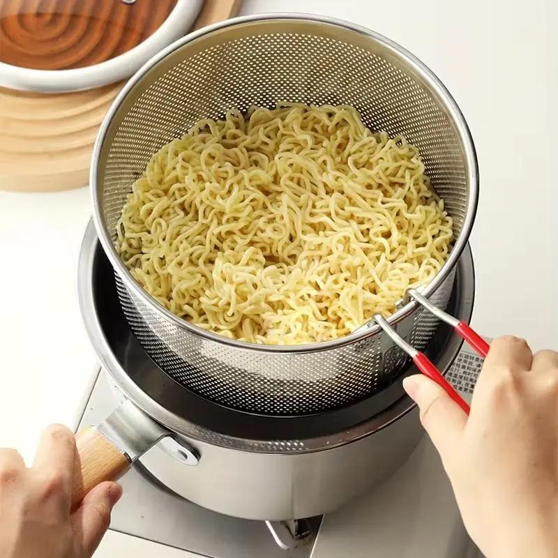 🍳✨ Poêle à Frire Multifonction en Acier Inoxydable 304 – Couvercle en Verre, Manche en Bois, Ø18cm, Compatible Gaz & Induction – Avec ou Sans Panier 🍟🪤