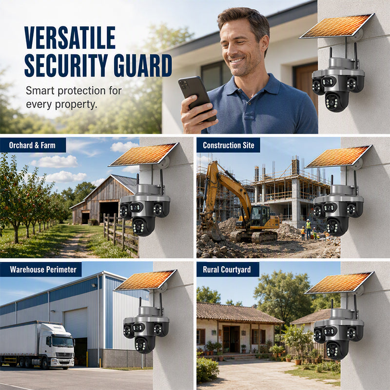 📡☀️ Caméra de Surveillance Solaire WiFi – Triple Objectif PTZ Rotatif, IP66, 3 Vues Simultanées, Basse Consommation – T10 ou T12, Idéale pour Extérieurs Sans Courant 🛡️🌿