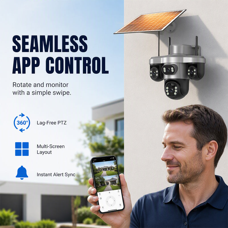 📡☀️ Caméra de Surveillance Solaire WiFi – Triple Objectif PTZ Rotatif, IP66, 3 Vues Simultanées, Basse Consommation – T10 ou T12, Idéale pour Extérieurs Sans Courant 🛡️🌿