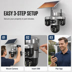📡☀️ Caméra de Surveillance Solaire WiFi – Triple Objectif PTZ Rotatif, IP66, 3 Vues Simultanées, Basse Consommation – T10 ou T12, Idéale pour Extérieurs Sans Courant 🛡️🌿