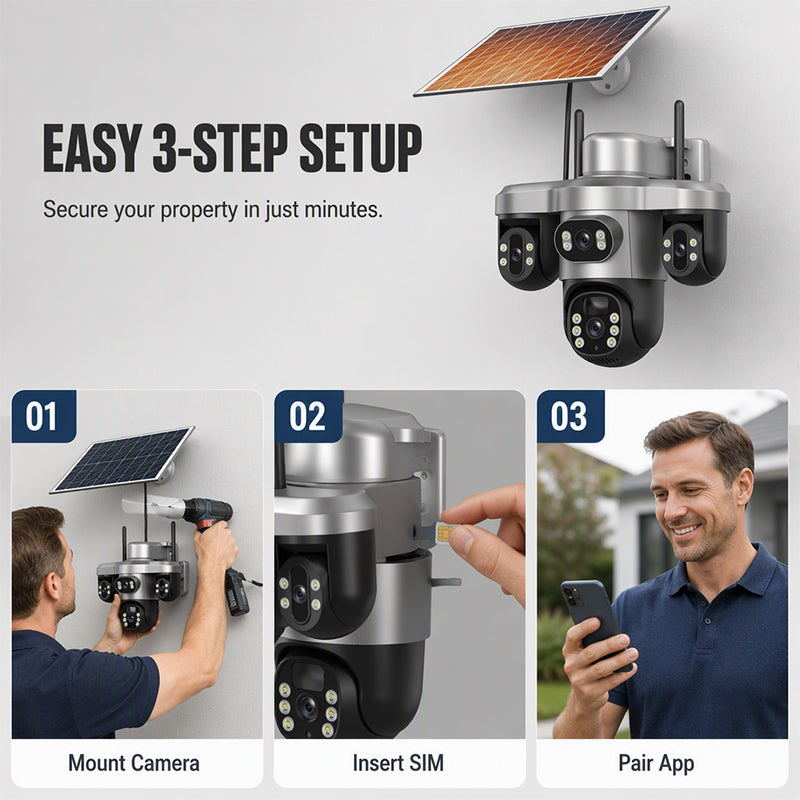 📡☀️ Caméra de Surveillance Solaire WiFi – Triple Objectif PTZ Rotatif, IP66, 3 Vues Simultanées, Basse Consommation – T10 ou T12, Idéale pour Extérieurs Sans Courant 🛡️🌿
