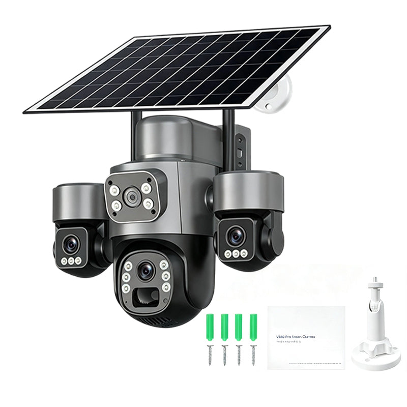 📡☀️ Caméra de Surveillance Solaire WiFi – Triple Objectif PTZ Rotatif, IP66, 3 Vues Simultanées, Basse Consommation – T10 ou T12, Idéale pour Extérieurs Sans Courant 🛡️🌿