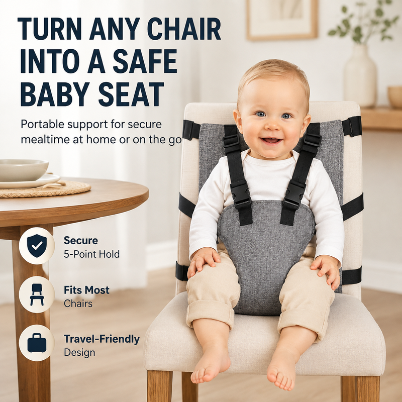 👶 Ceinture de Sécurité Portable pour Chaise Haute – Harnais à 5 Points | Tissu Oxford Lavable | Réglable | Compacte pour Voyages ✅🍼