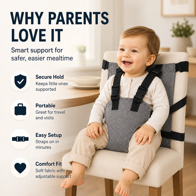 👶 Ceinture de Sécurité Portable pour Chaise Haute – Harnais à 5 Points | Tissu Oxford Lavable | Réglable | Compacte pour Voyages ✅🍼