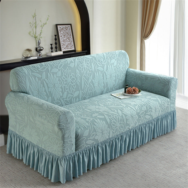 🛋️ Housse de Canapé Antidérapante à Couverture Totale – Tissu Jacquard à Volants, Bord Élastique, 1-4 Places, 4 Couleurs – Lavable en Machine 🧵🔵
