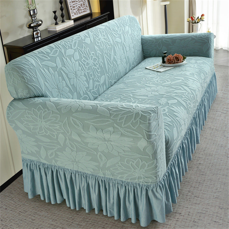 🛋️ Housse de Canapé Antidérapante à Couverture Totale – Tissu Jacquard à Volants, Bord Élastique, 1-4 Places, 4 Couleurs – Lavable en Machine 🧵🔵