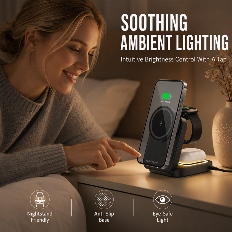 ⚡📱 Station de Recharge Sans Fil 3-en-1 Pliable – Charge Rapide 15W, Aimants N52, Recharge Simultanée Téléphone + Montre + Écouteurs – 2 Couleurs 🔋✨