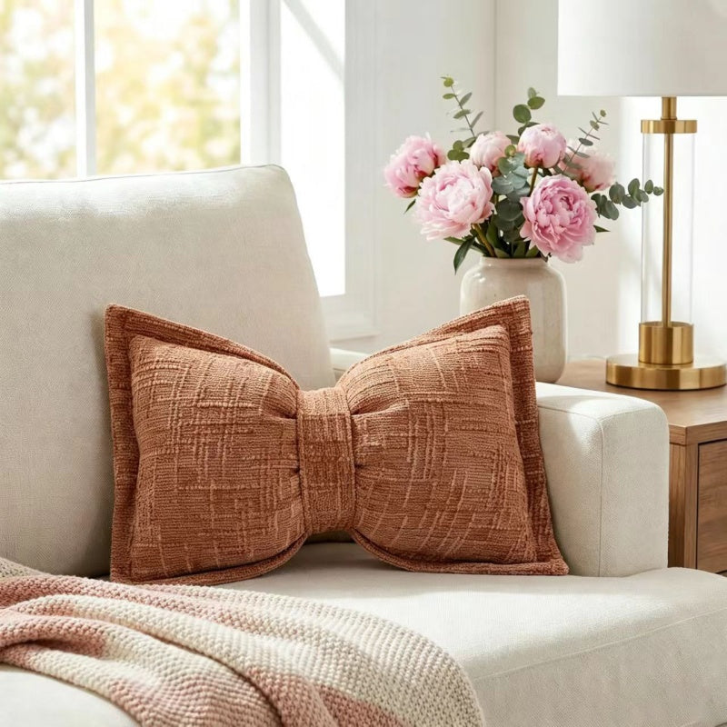 🎀 Coussin en chenille en forme de nœud | Doux coussin décoratif pour canapé et lit – Moelleux et douillet ✨