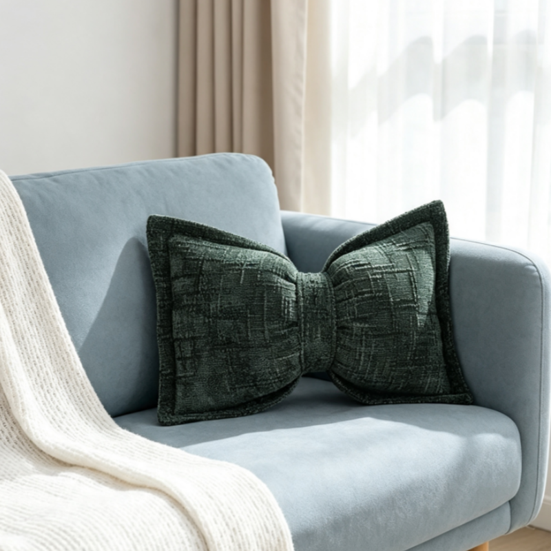 🎀 Coussin en chenille en forme de nœud | Doux coussin décoratif pour canapé et lit – Moelleux et douillet ✨