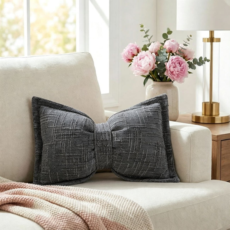 🎀 Coussin en chenille en forme de nœud | Doux coussin décoratif pour canapé et lit – Moelleux et douillet ✨