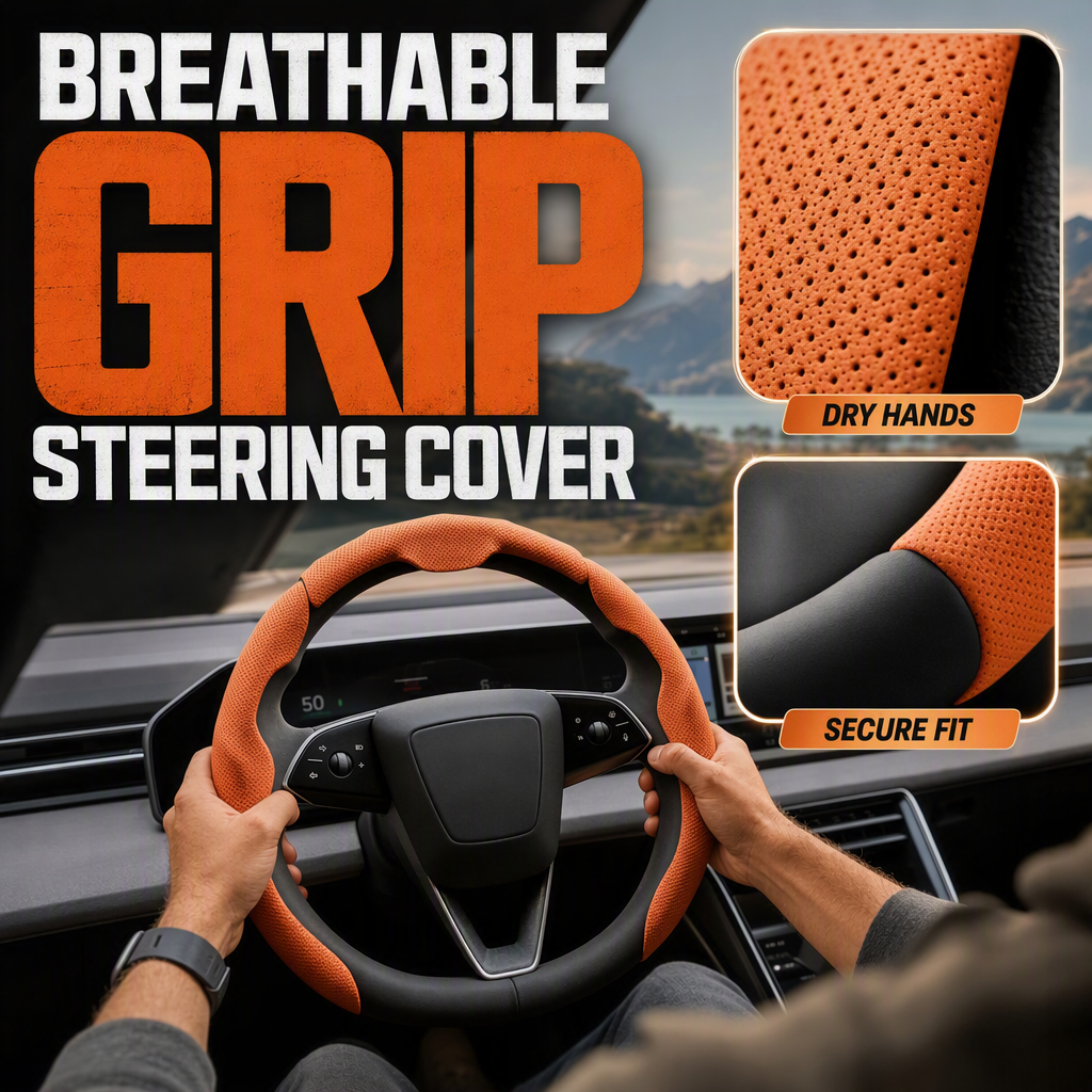 🚗 Couvre-volant Respirant en Similicuir 3D – 38cm, Conception Ergonomique en 3 Pièces, Surface Perforée Anti-transpiration, Installation Clip-On Sans Outils – 11 Couleurs 🎨🏁