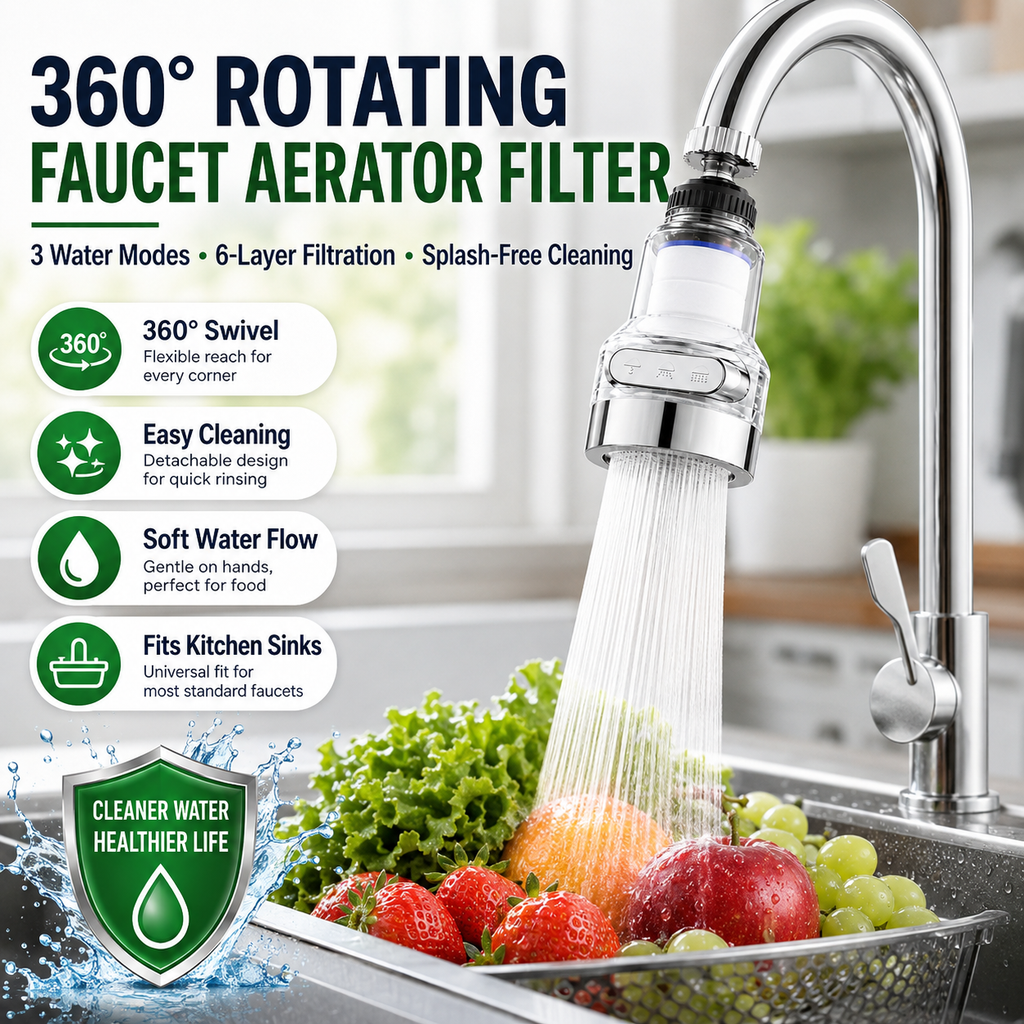 🚰 Filtre Aérateur de Robinet Rotatif à 360° | 💧 Filtration à 6 Couches et 3 Modes d'Eau | 🍽️ Nettoyage Anti-éclaboussures pour Cuisine | 🔧 Installation Universelle Sans Outil