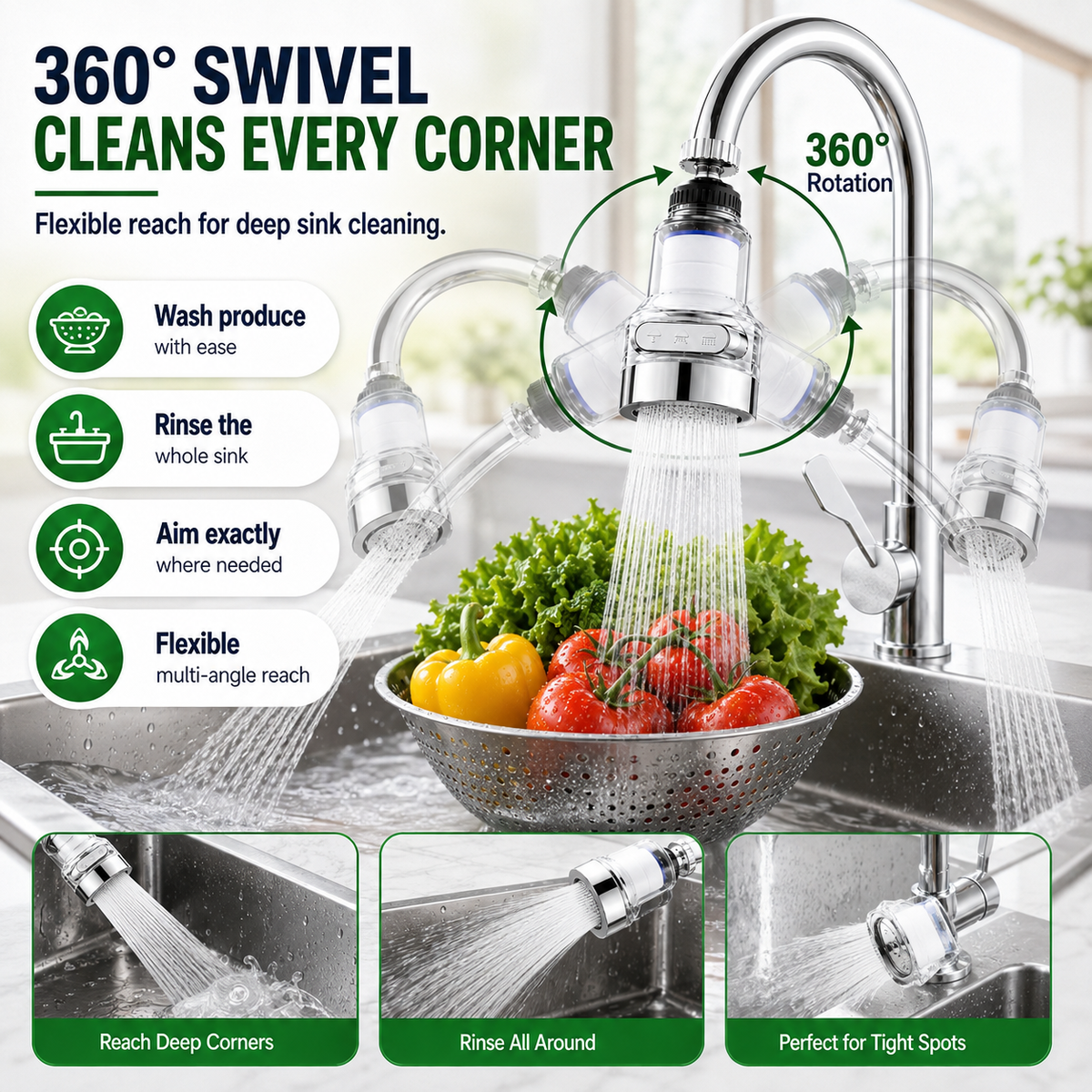 🚰 Filtre Aérateur de Robinet Rotatif à 360° | 💧 Filtration à 6 Couches et 3 Modes d'Eau | 🍽️ Nettoyage Anti-éclaboussures pour Cuisine | 🔧 Installation Universelle Sans Outil