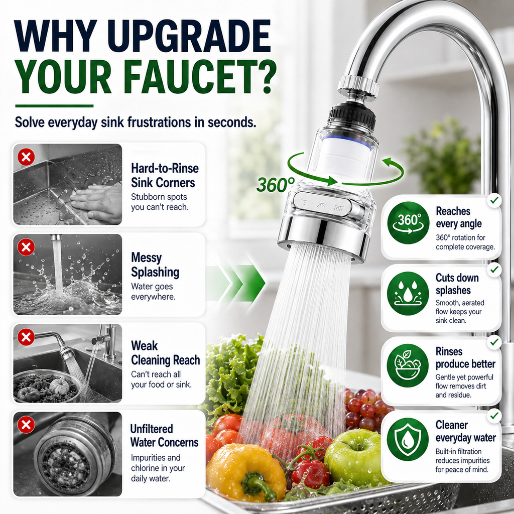 🚰 Filtre Aérateur de Robinet Rotatif à 360° | 💧 Filtration à 6 Couches et 3 Modes d'Eau | 🍽️ Nettoyage Anti-éclaboussures pour Cuisine | 🔧 Installation Universelle Sans Outil