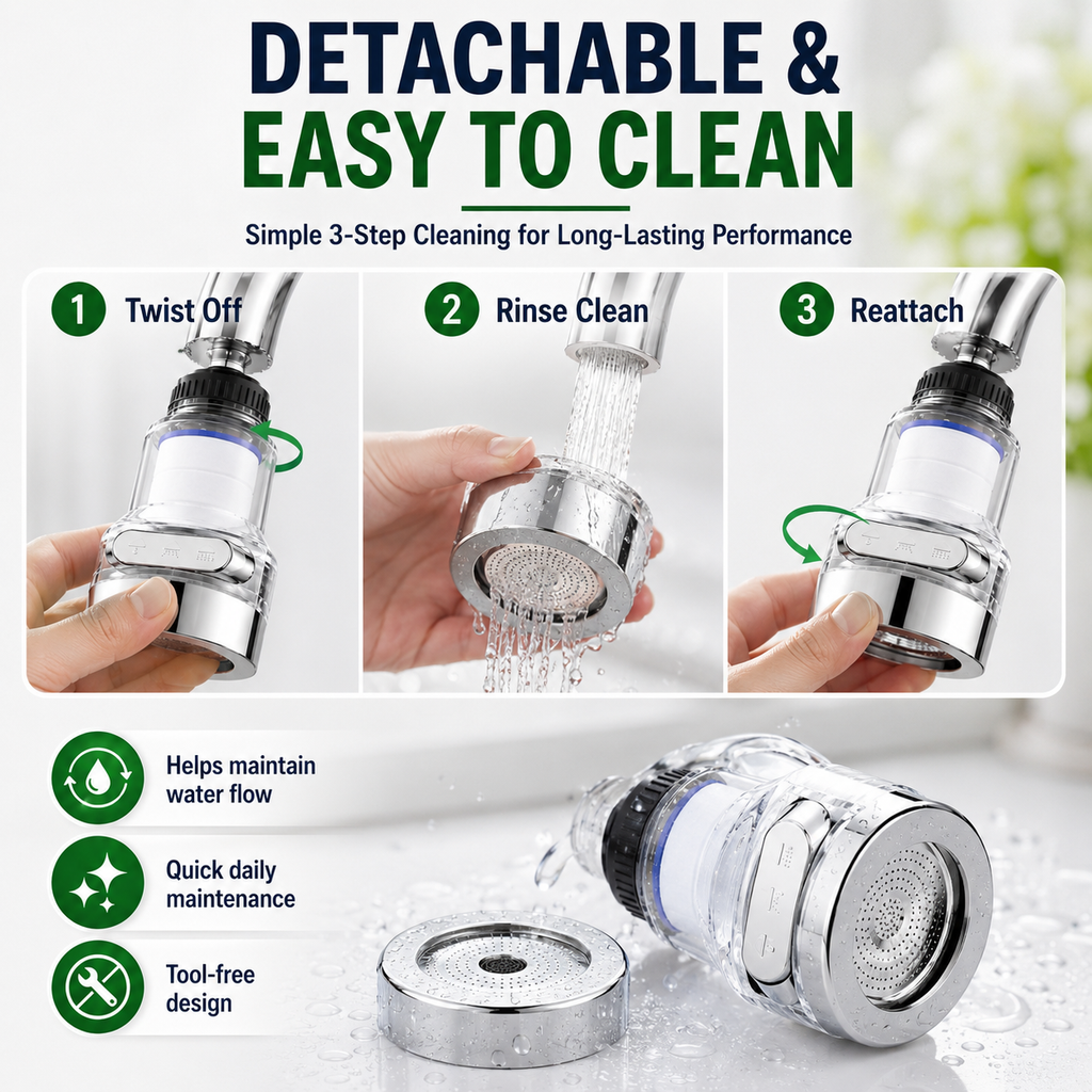 🚰 Filtre Aérateur de Robinet Rotatif à 360° | 💧 Filtration à 6 Couches et 3 Modes d'Eau | 🍽️ Nettoyage Anti-éclaboussures pour Cuisine | 🔧 Installation Universelle Sans Outil