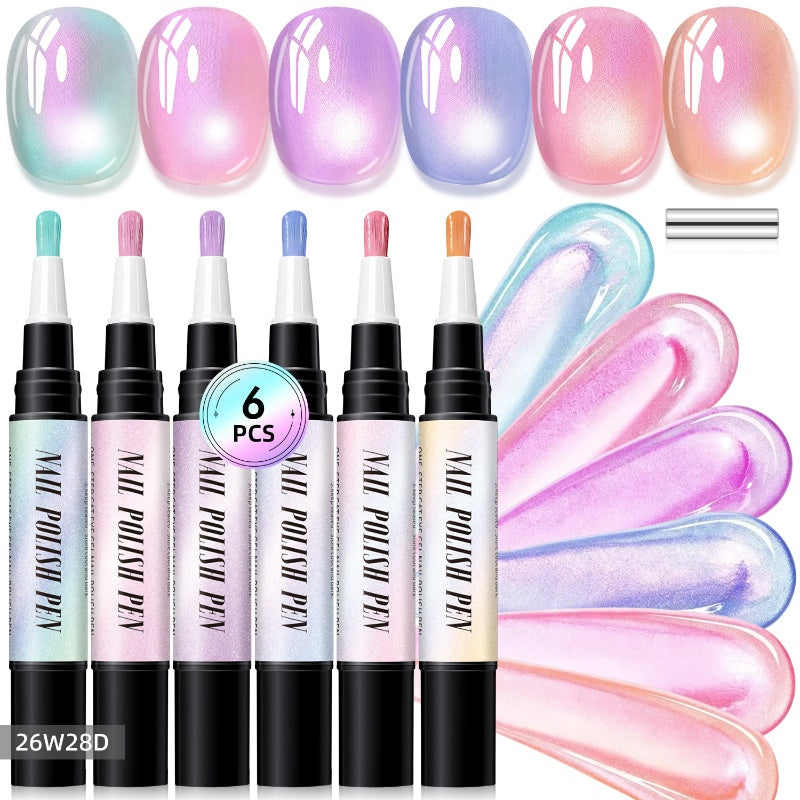 💅💜Kit de Stylos Vernis Semi-Permanent Cat Eye Pailleté – Effet Cristal & Reflets Scintillants | Application 2-en-1 | Détails Nail Art | Kit de 6 Pièces ✨🎨